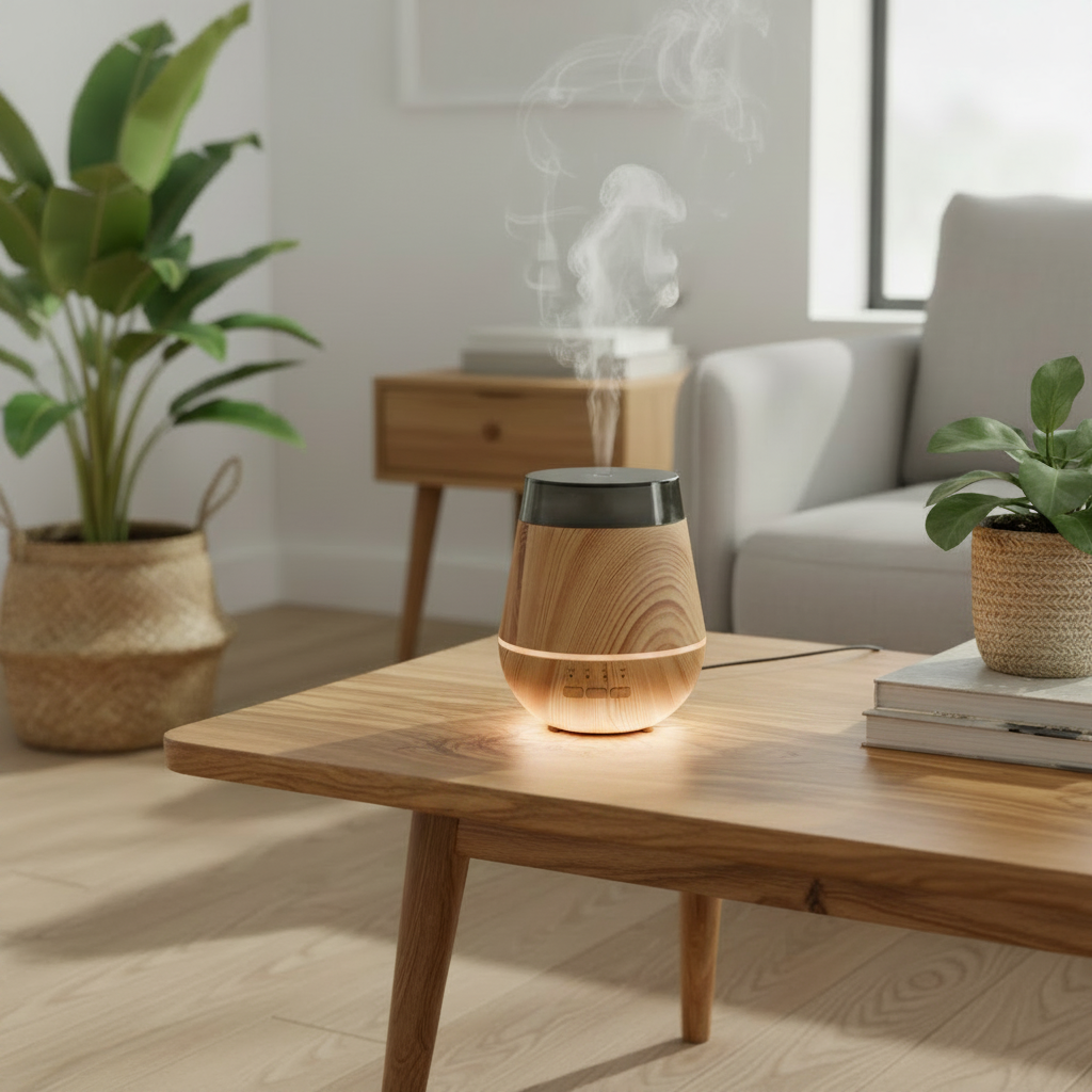 A wood-effect essential oil diffuser with a glowing warm light and visible misting from the top, placed on a light wood coffee table in a bright, modern living room.
