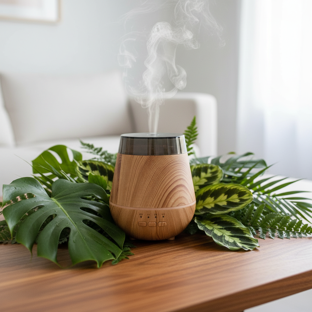 A wood look essential oil diffuser with misting steam, styled on a wooden table with green plants in a bright, modern living room setting.