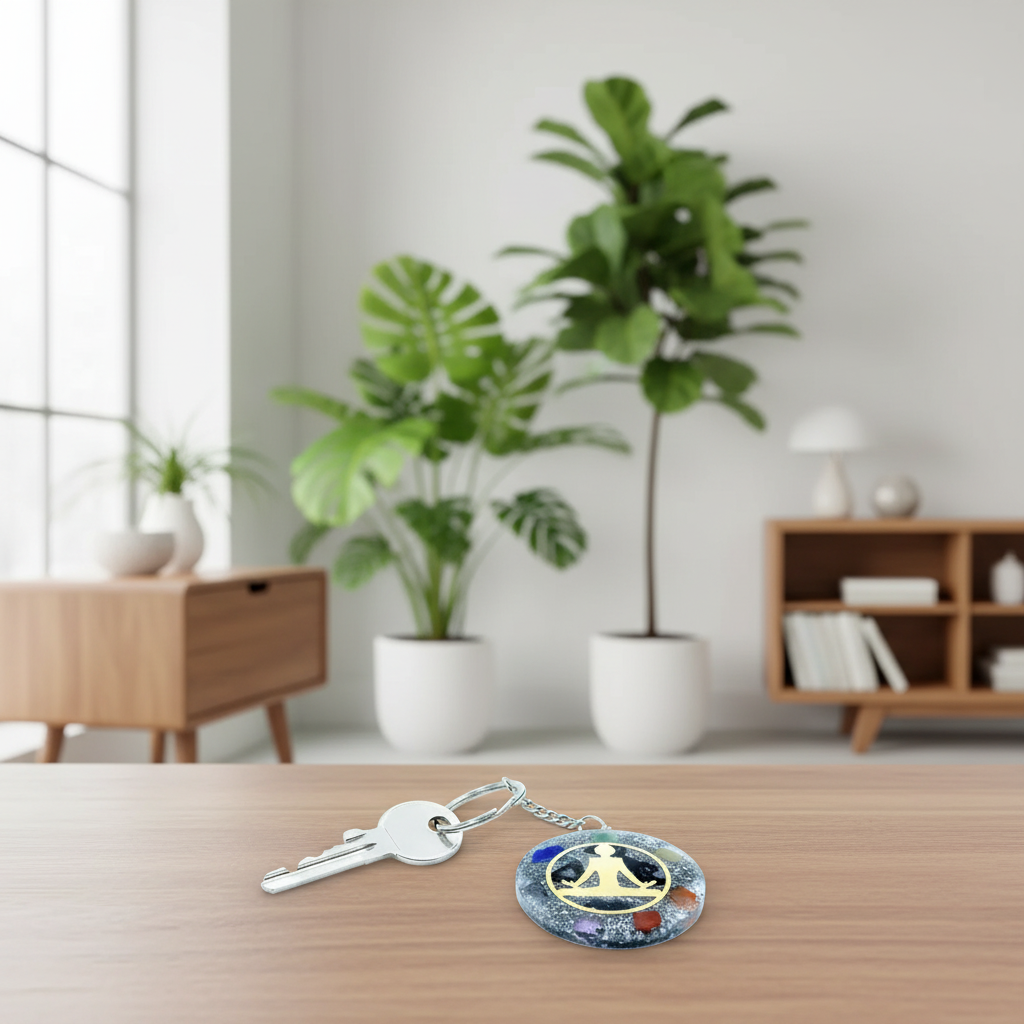 Keychain with a yoga symbol on a wooden surface in a room with plants and furniture.