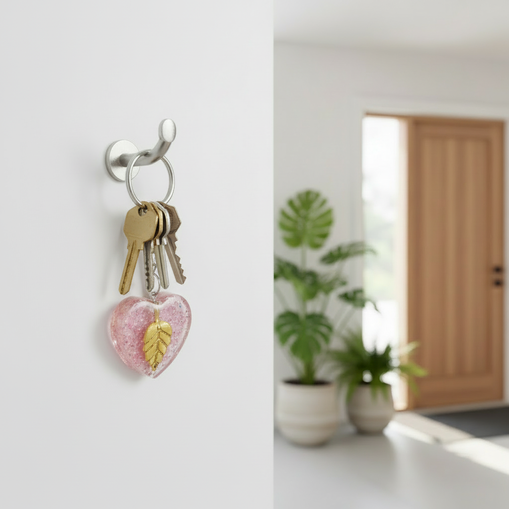 Keychain with a heart and leaf design hanging on a hook in a room with plants and a door.