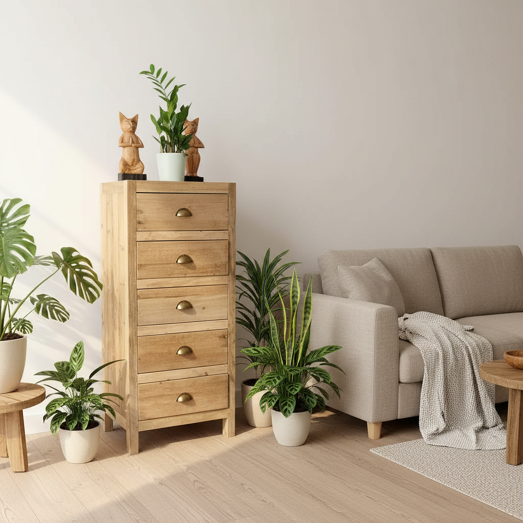 A tall light oak 6-drawer wooden chest of drawers with brass handles stands in a bright, modern living room next to a beige sofa, surrounded by potted green plants.