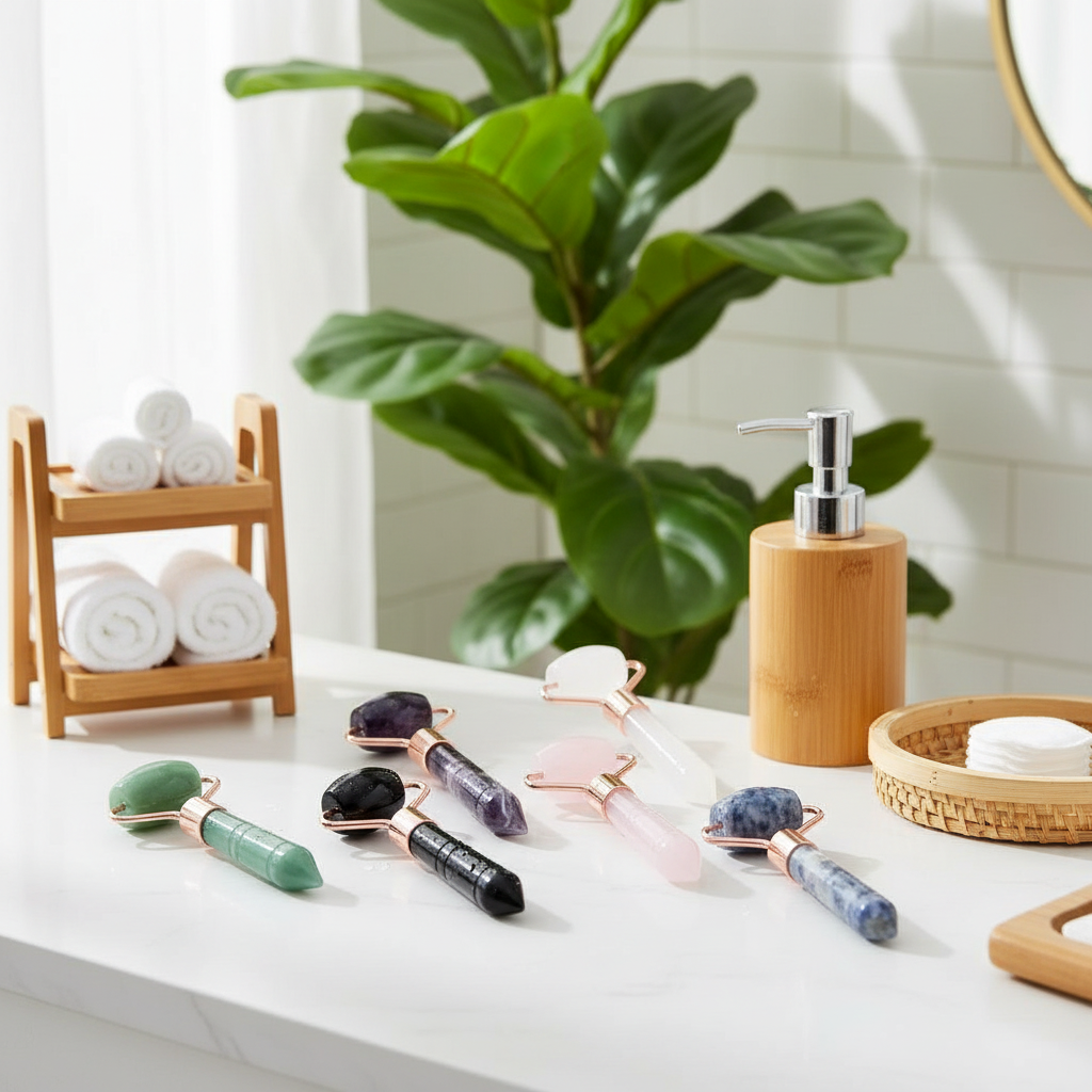 Gemstone face rollers, in a modern white bathroom, with bamboo wood, eco-friendly decor, and exotic green plants, professional product photography