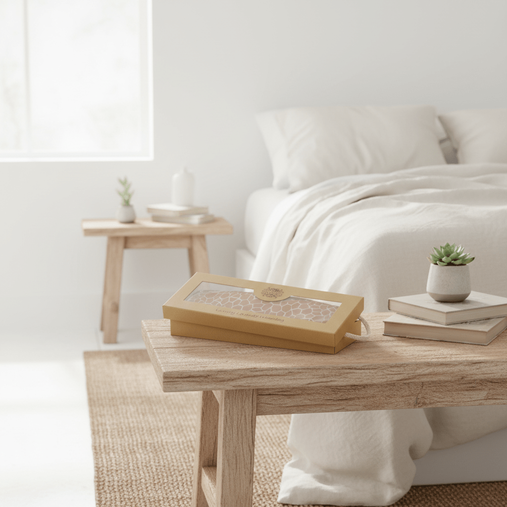 A luxury lavender wheat bag, on a wooden bedside table, in a clean white bedroom, with eco-friendly decor, natural fabrics.