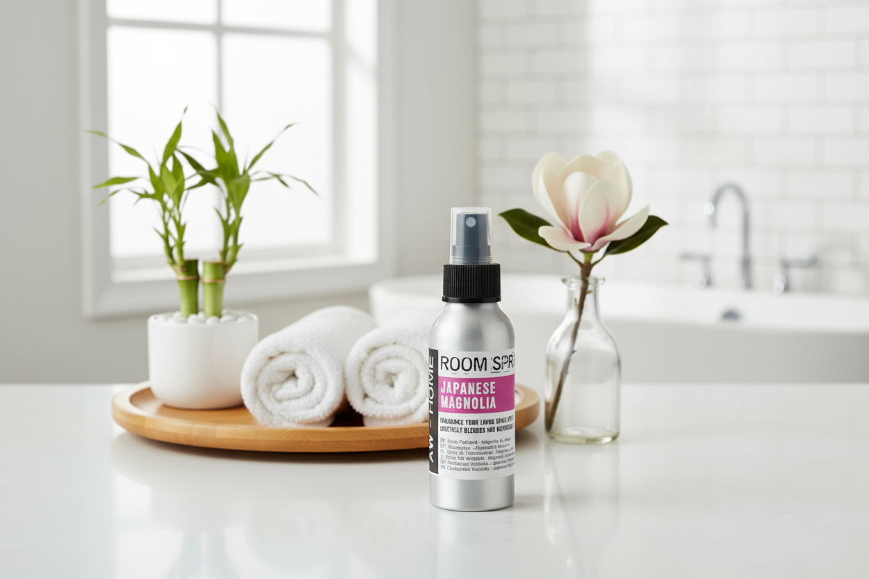 Room Sprays on a kitchen counter with towels and plants