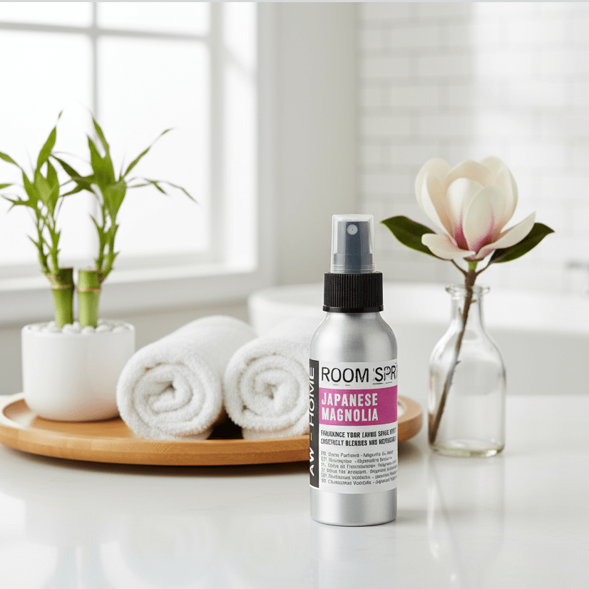 Japanese Magnolia Room Spray on a kitchen counter with towels and plants 