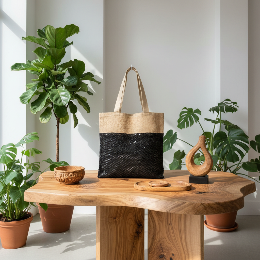 Tote bag with black and beige design on a wooden table with plants in the background