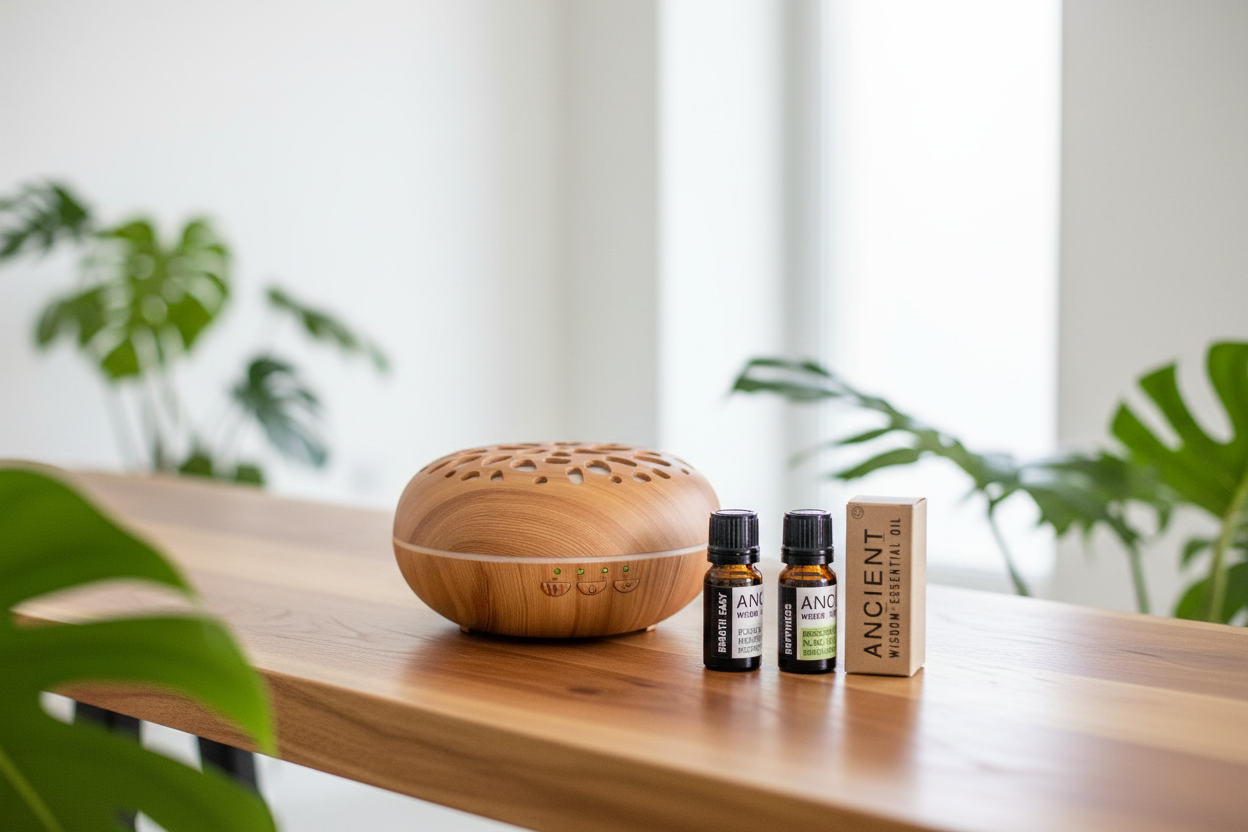 Wooden diffuser and essential oil bottles on a wooden surface with plants in the background