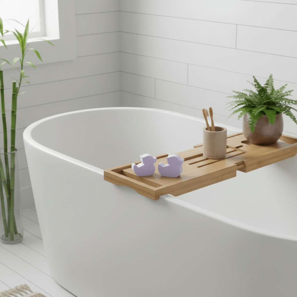 Bathroom setting with a bathtub, wooden bath tray, and decorative items.