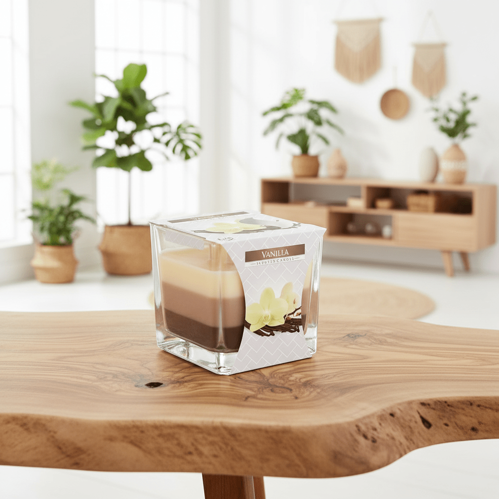 Vanilla-scented candle in a clear glass container on a wooden table with a blurred indoor background.