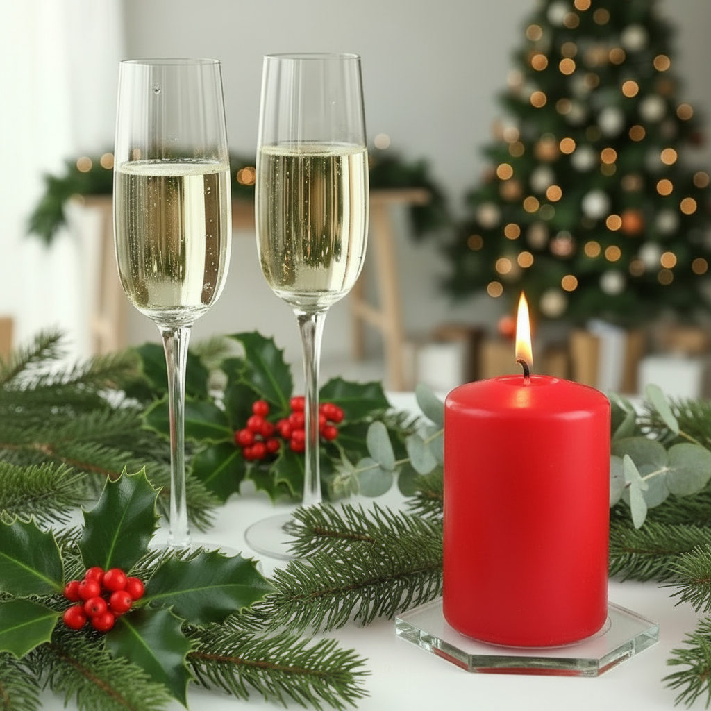 Two champagne flutes with a red candle on a festive table setting with Christmas decorations.