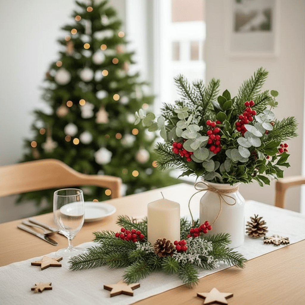 Decorative Christmas table setting with a vase of flowers, candles, and festive decorations.
