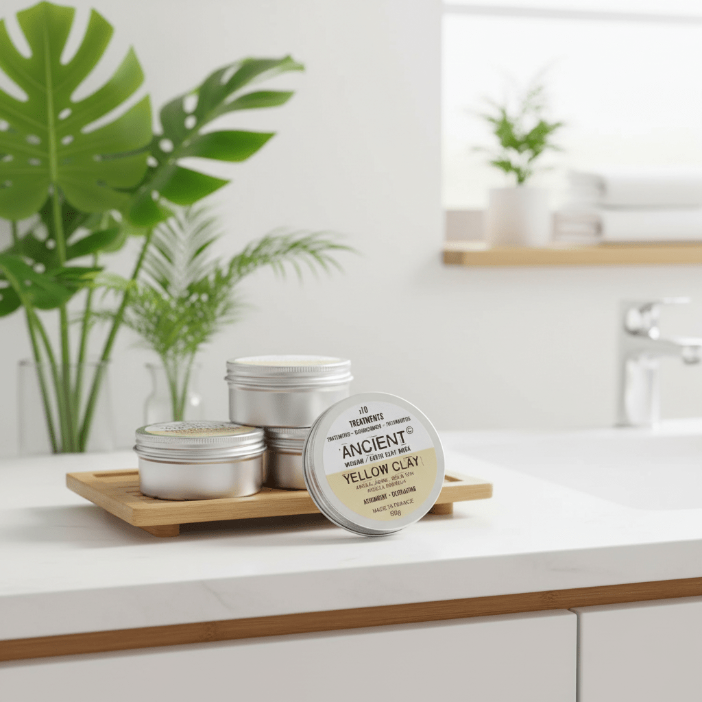 Jars of 'Ancient Yellow Clay' on a kitchen counter with plants in the background