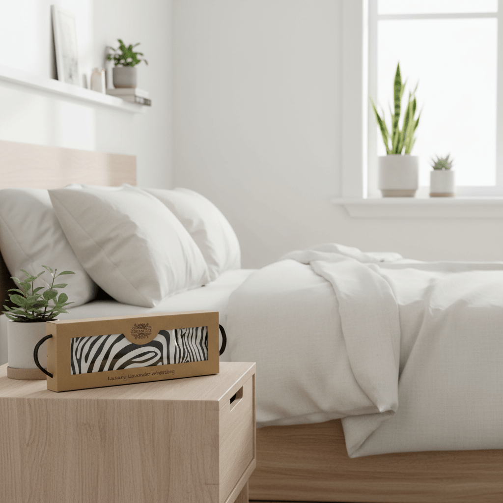A luxury lavender wheat bag, on a wooden bedside table, in a clean white bedroom, with eco-friendly decor, natural fabrics.