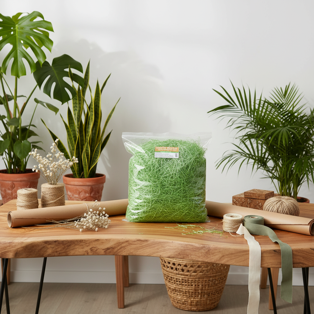 A clear plastic bag filled with bright green shredded paper filler sits on a wooden table in a styled home decor setting with potted plants, twine, ribbon, and craft supplies.