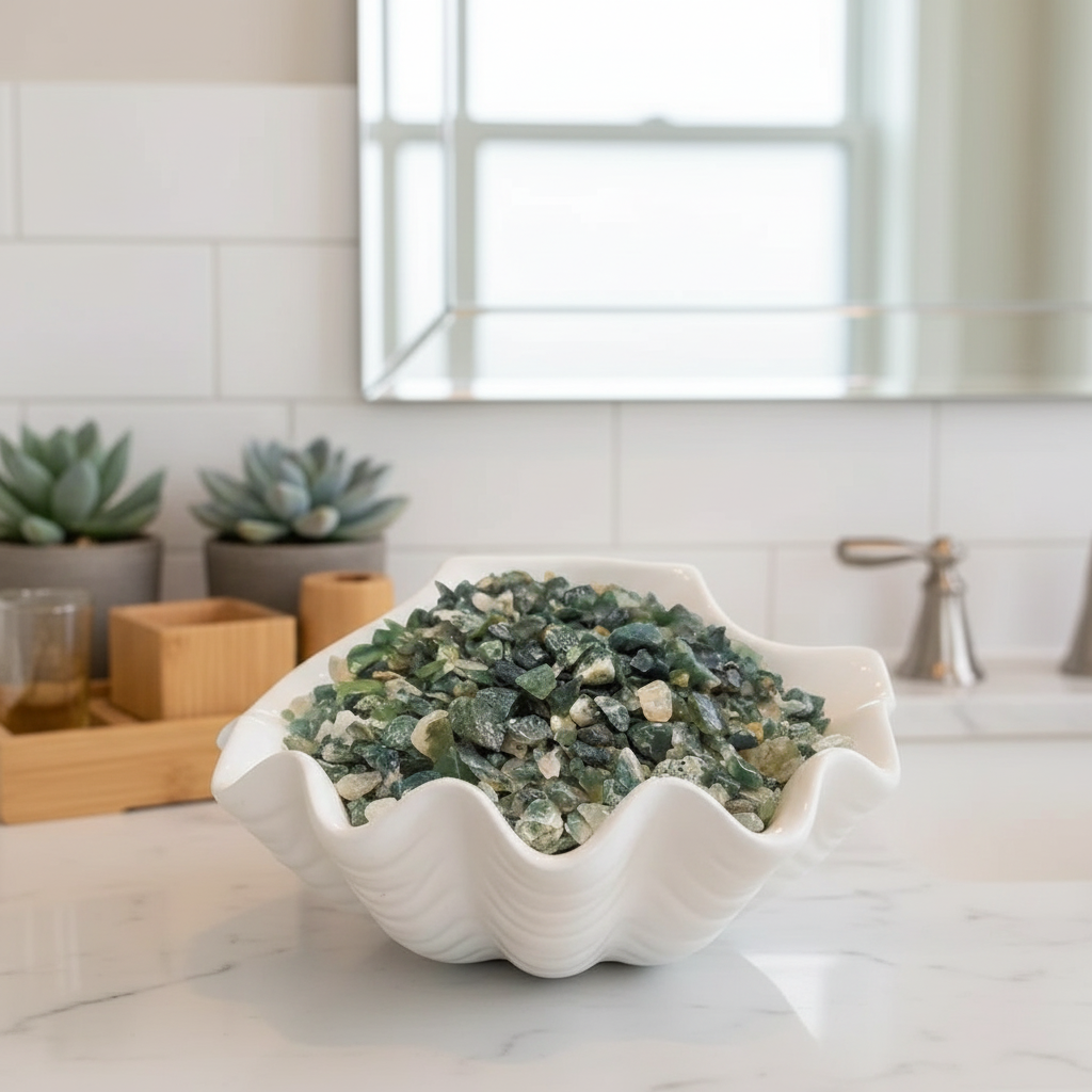 White shell-shaped bowl filled with green stones on a kitchen counter.