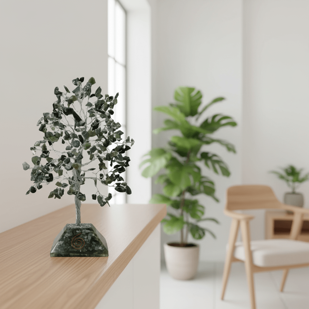 Decorative gemstone tree on a wooden surface with a modern interior setting.