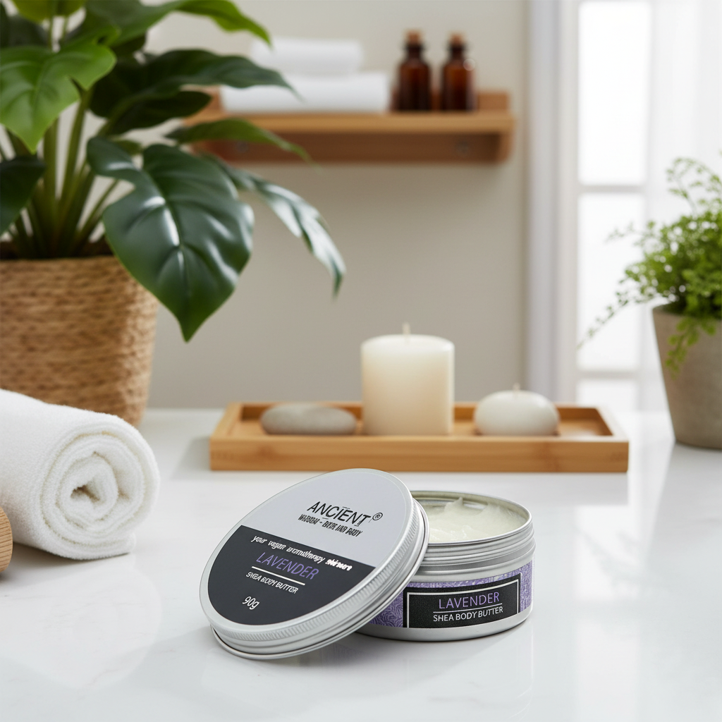Shea body butter with lavender scent on a table with plants and candles in the background