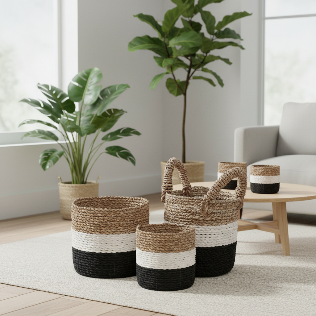 Woven baskets with black and white accents in a living room setting.