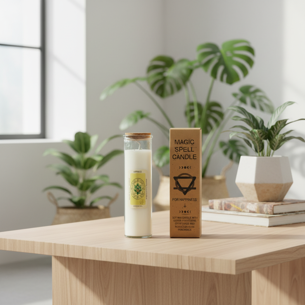 Candle and packaging on a table with plants in the background