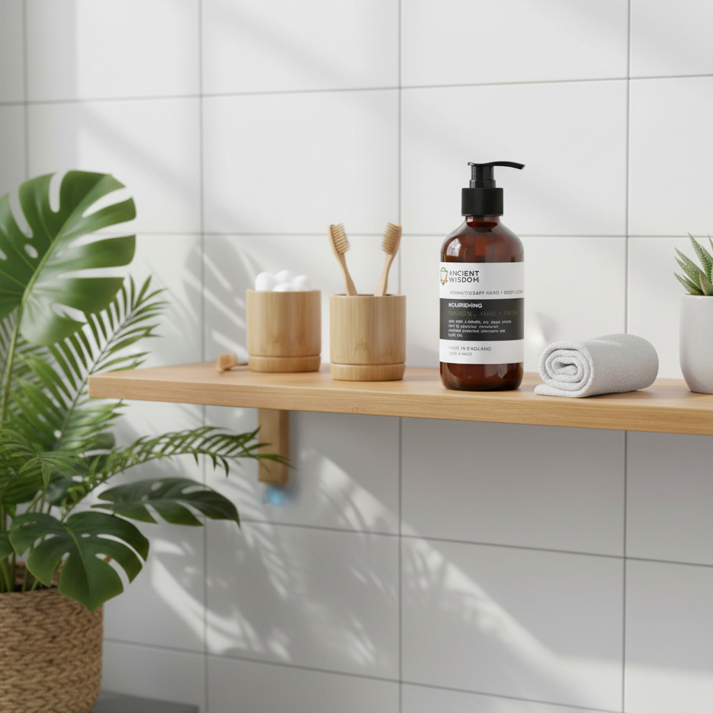 Bathroom counter with soap, toothbrushes, and towels against a tiled wall.
