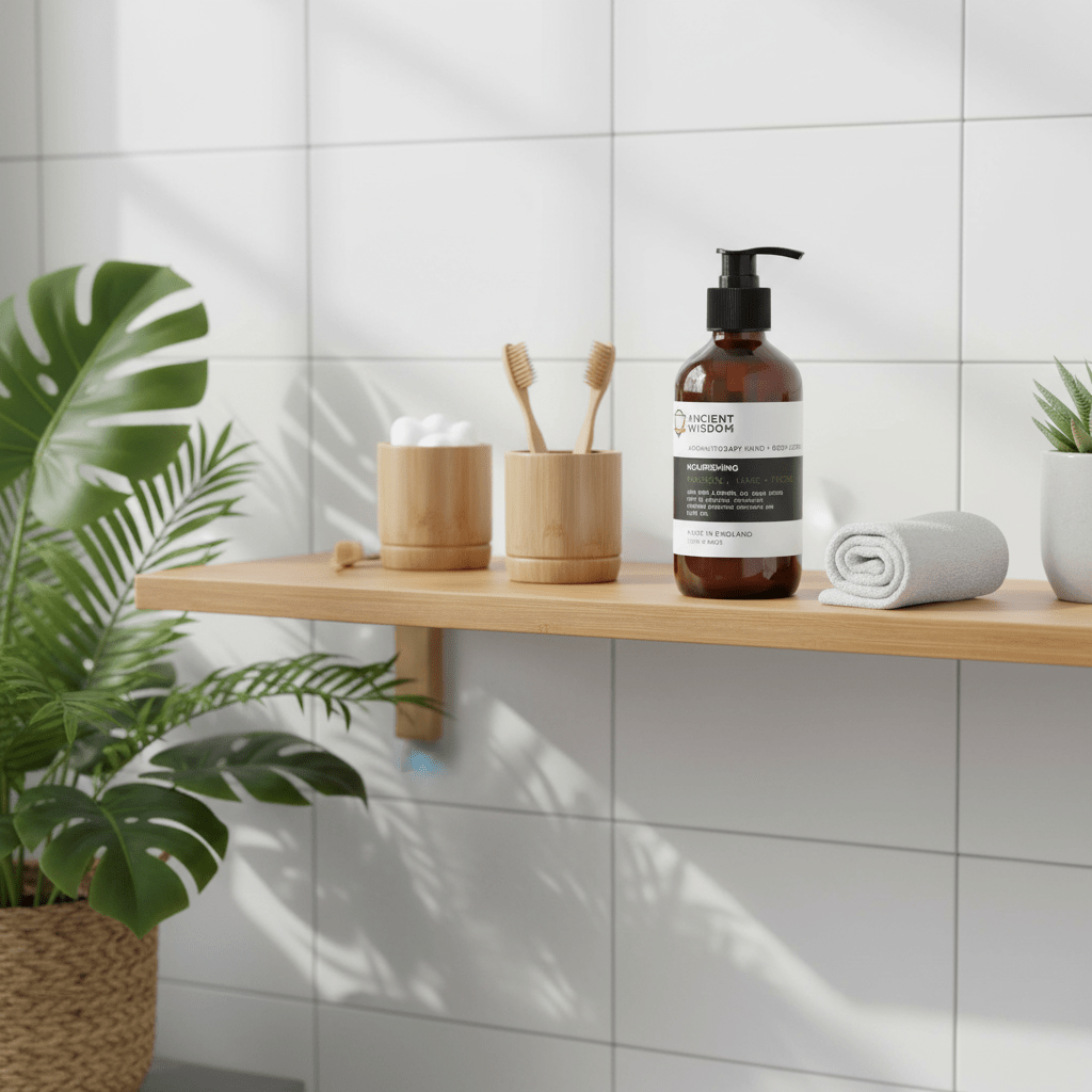Bathroom counter with soap, toothbrushes, and towels against a tiled wall.