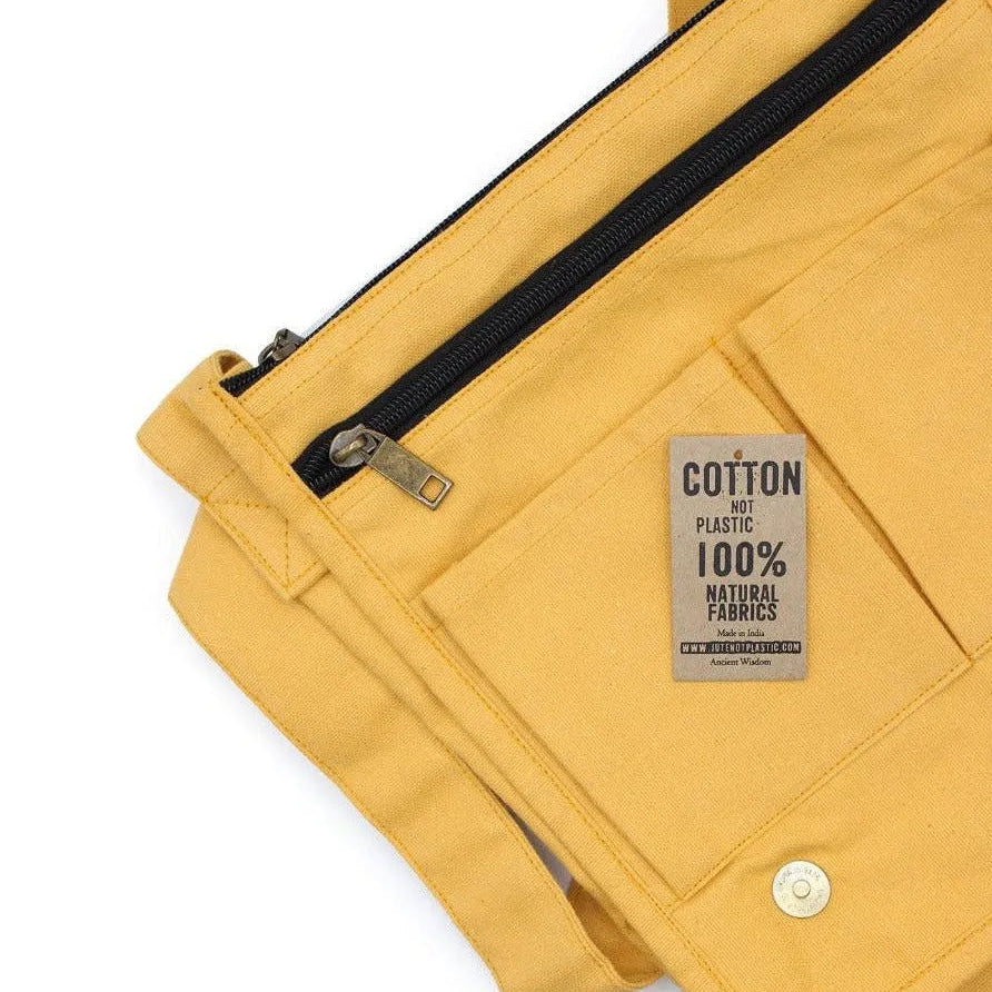 Yellow bag with a visible label on a white background