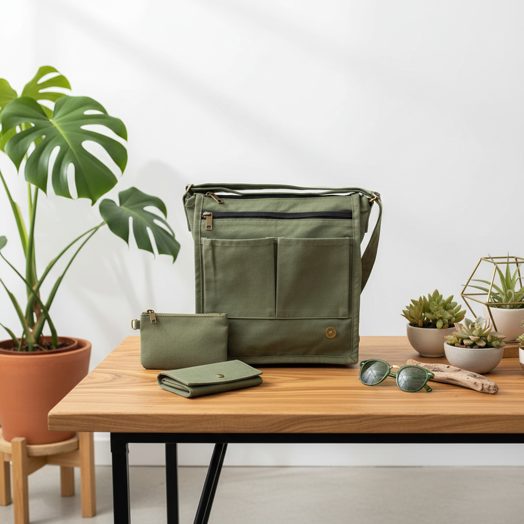 A green cotton canvas messenger ag on a table with matching acessories sunglasses and green plants.