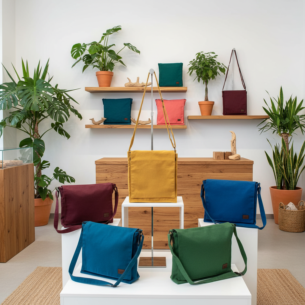A styled retail display featuring multiple canvas shoulder bags in different colors (yellow, blue, green, burgundy, coral) arranged on white pedestals and wooden shelves, surrounded by potted green plants.
