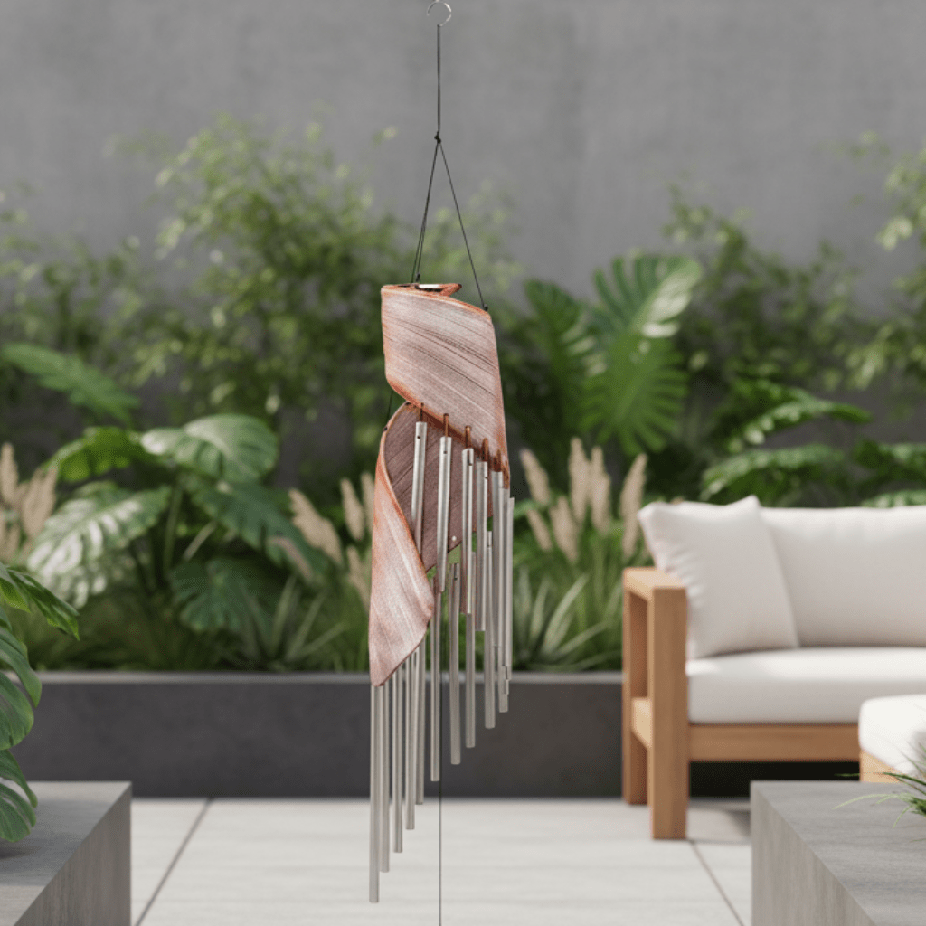 Decorative wind chime hanging in a modern outdoor setting with plants and furniture.