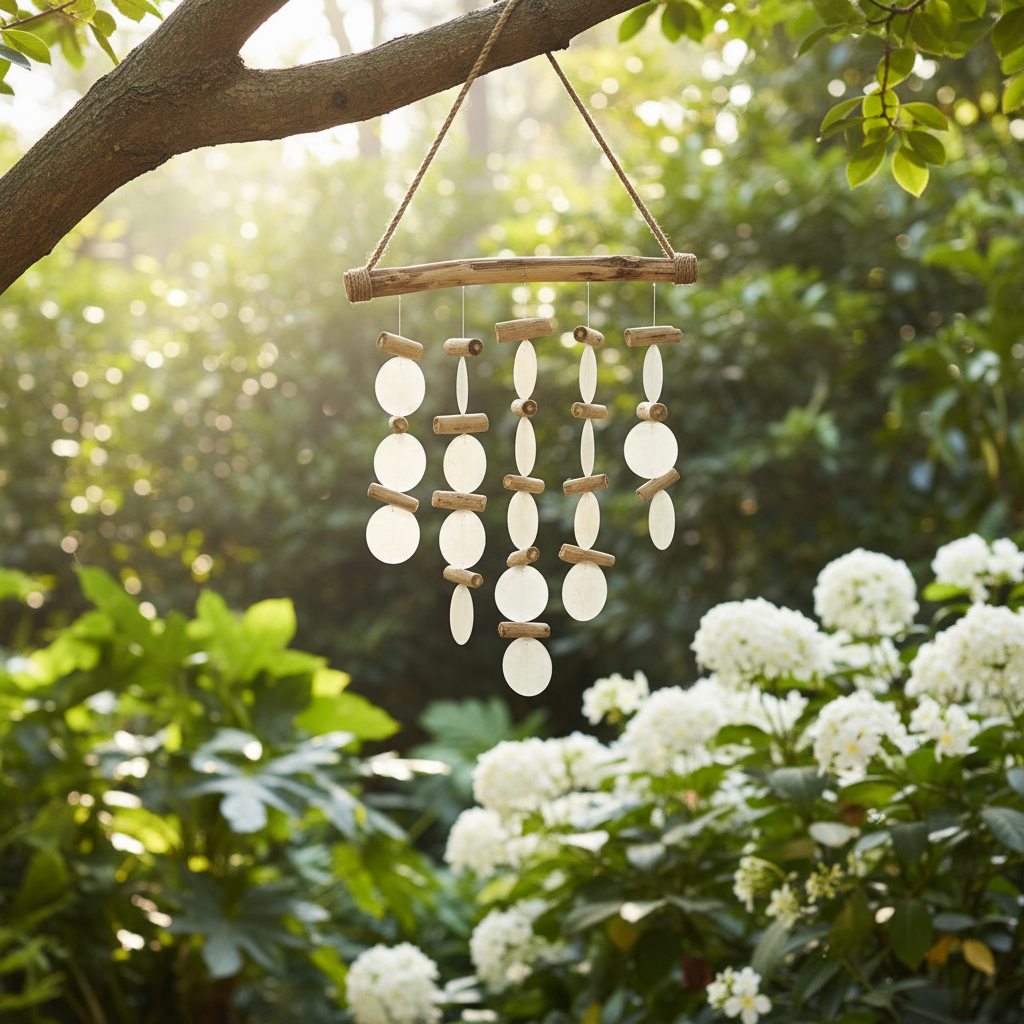 Decorative hanging mobile with pebbles and wood on a tree branch in a garden setting.