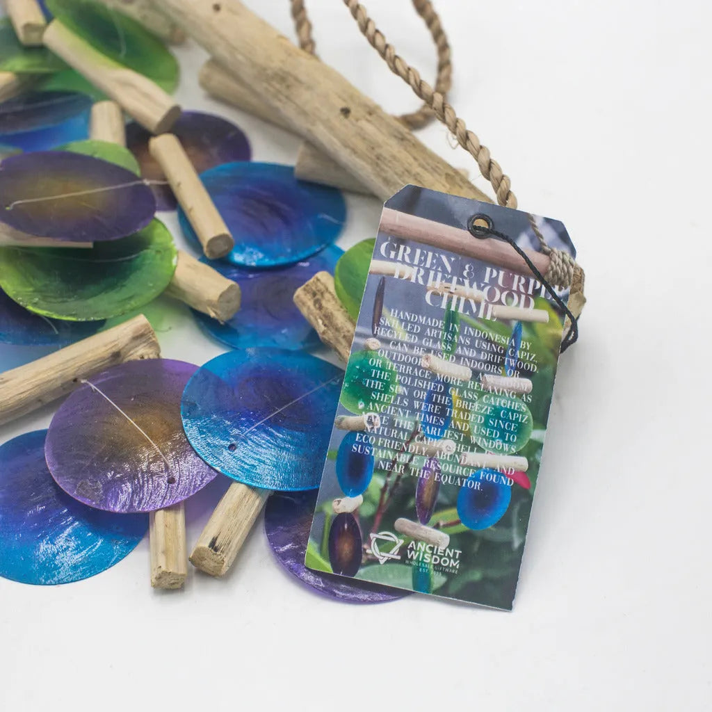 Ancient Wisdom Handmade Wind Chimes Indonesian Driftwood and Glass - Blue Green or Natural Home & Garden > Decor > Wind Chimes emmy-jane-boutique.myshopify.com