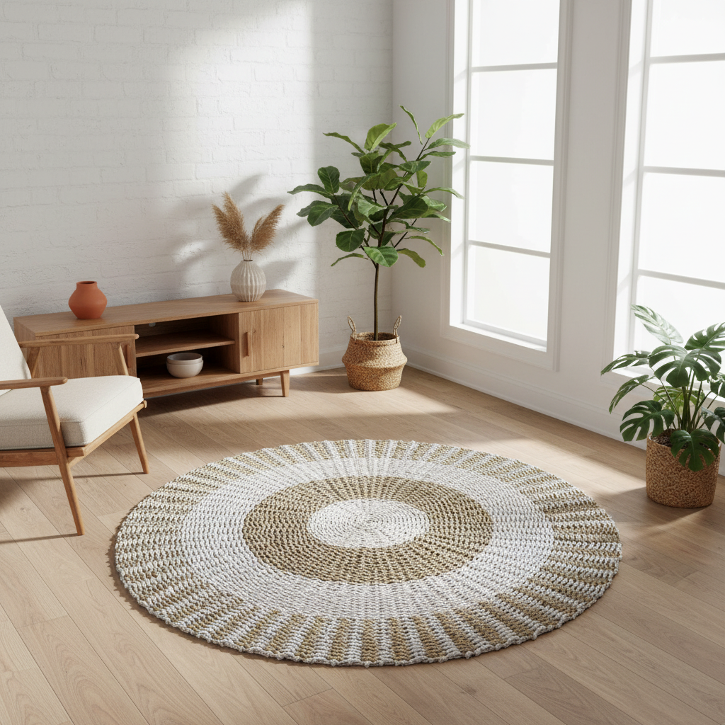 Round woven rug on a wooden floor with a wooden cabinet and plants in a bright room.
