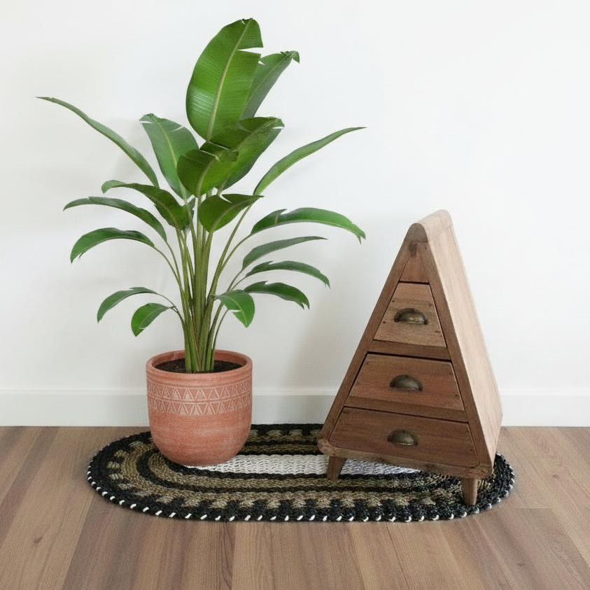 Potted plant on a woven mat with a wooden triangular shelf in the background