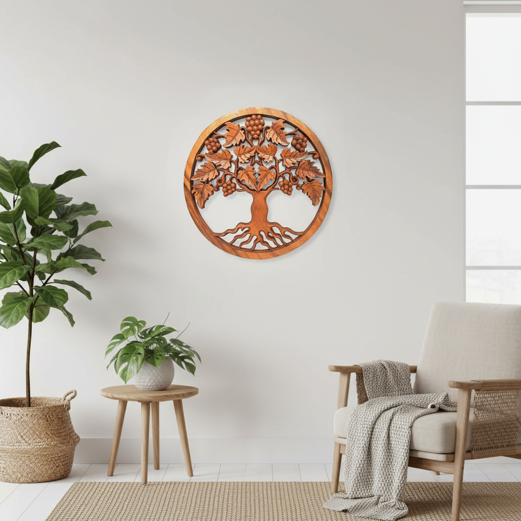 Hand-carved Fairly Traded, Decorative Wooden Panel  in a clean white living space with eco-friendly decor.