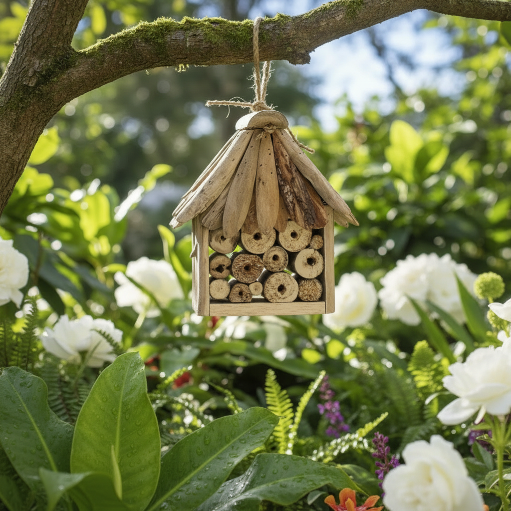 A wooden insect house hanging from a tree, in a lush green garden with exotic green plants, and white flowers, on a sunny day.