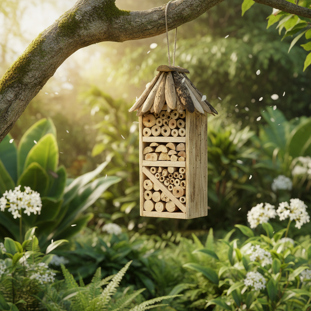 A wooden insect house hanging from a tree, in a lush green garden with exotic green plants, and white flowers, on a sunny day.