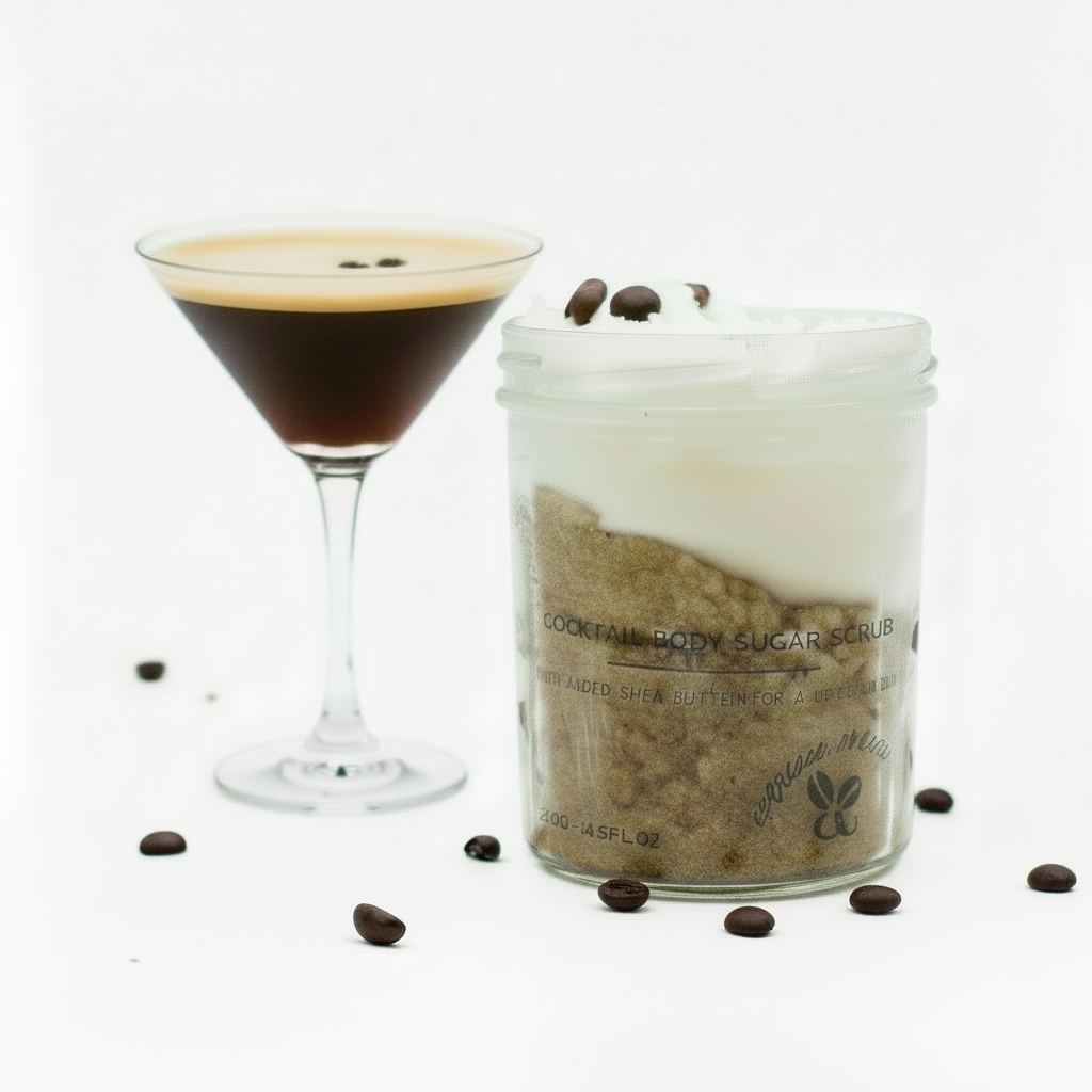 A jar of coffee sugar scrub next to a glass of espresso martini, surrounded by coffee beans
