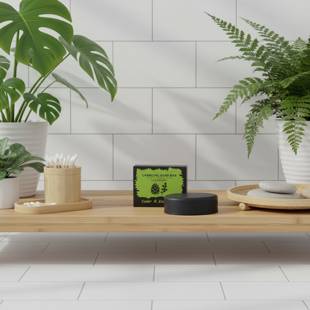 Charcoal soap bar with packaging on a wooden surface, surrounded by plants and minimal decor.