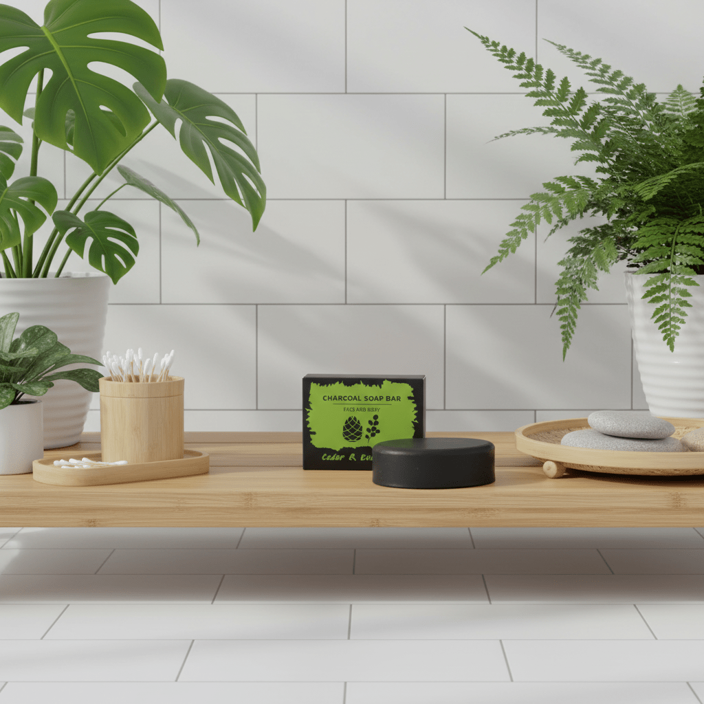 Charcoal soap bar with packaging on a wooden surface, surrounded by plants and minimal decor.