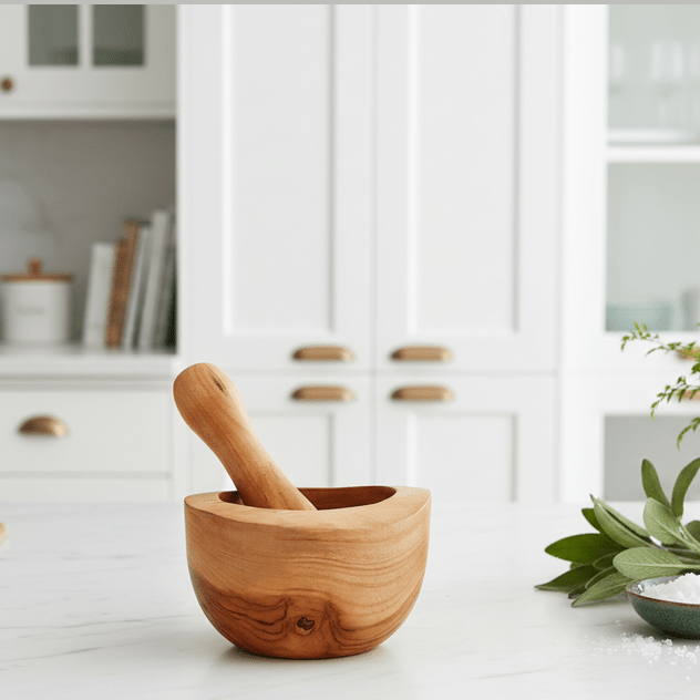 Wooden mortar and pestle on a kitchen counter with plants and cabinets in the background