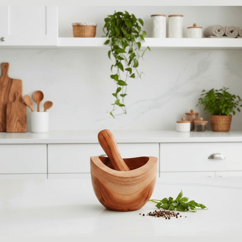 Wooden mortar and pestle on a kitchen counter with plants and cabinets in the background