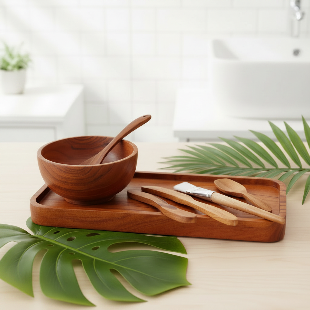 A wooden bowl with a wooden spoon sits on a rectangular wooden tray alongside several small wooden utensils, photographed in a bright kitchen setting with green leaves in the foreground.