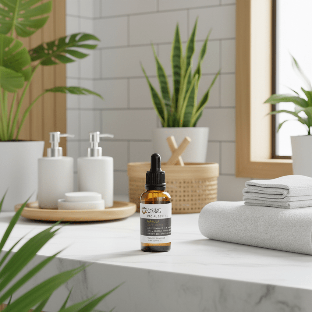 Bottle of skincare product on a bathroom counter with plants and towels in the background