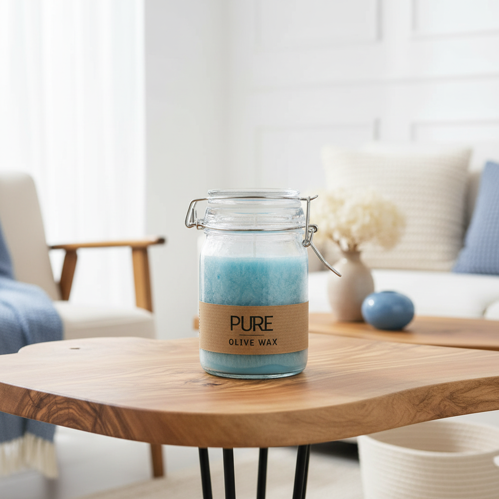 Blue Jar Candle made from Pure Olive Wax on a wooden table in a living room setting