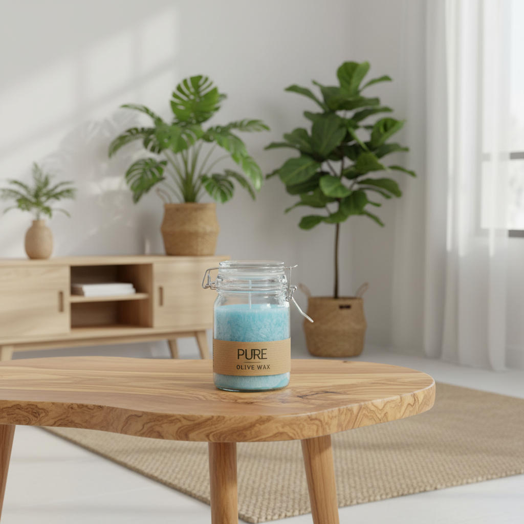 A glass jar candle with a metal clamp lid sits on a light wood table in a bright, modern room with potted plants and a wooden cabinet in the background. The candle wax is light blue, and the label reads 'PURE OLIVE WAX'.