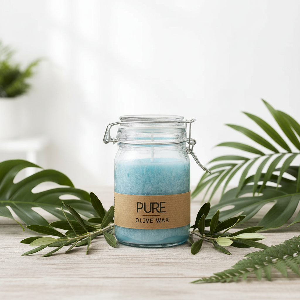 A glass jar candle with olive wax and a kraft paper label reading 'PURE OLIVE WAX' sits on a light wood surface surrounded by green leaves in a bright, clean setting.
