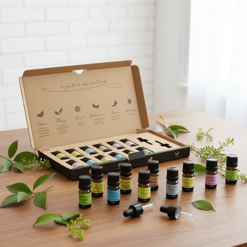 Set of essential oil bottles with a cardboard box on a wooden surface.