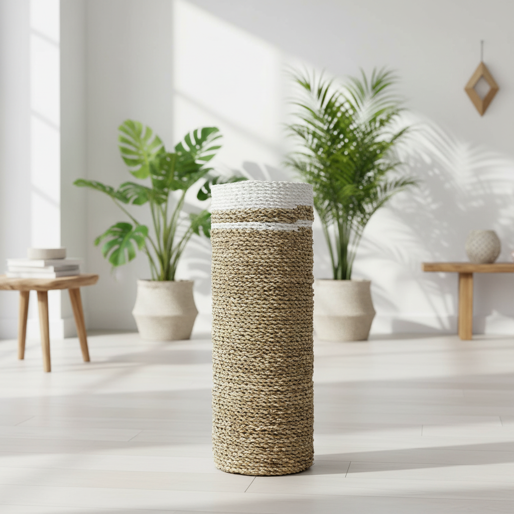 Woven cylindrical basket on a light wooden floor with plants and a small table in the background.