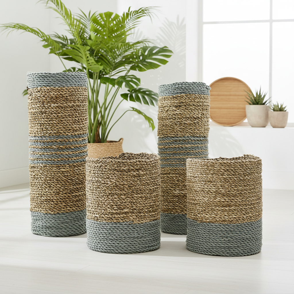 Set of woven planters with a plant on a white surface