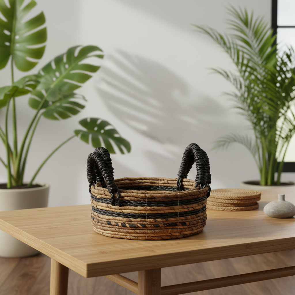 Woven basket with black handles on a wooden table with plants in the background